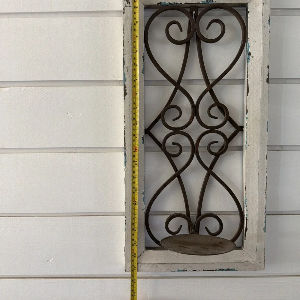 Rustic Farmhouse Wood Frame Wall Decor Metal Scroll Window Candle Or Plant Hold